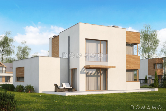 Проект двухэтажного дома из газобетона в стиле кубизм со спальной зоной на втором этаже и с гаражом