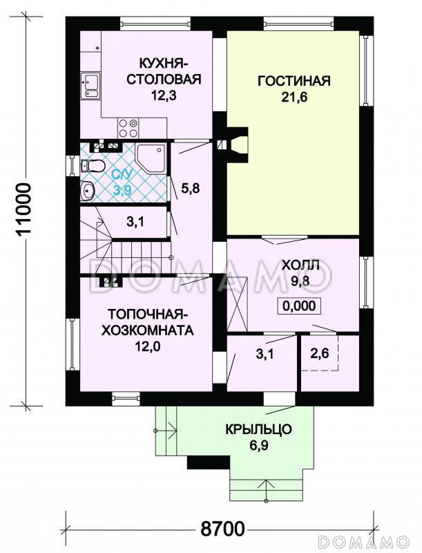 Проект  дома из пеноблоков с мансардой / План 1 этажа