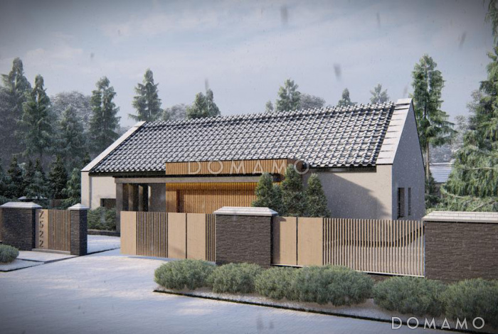 Проект современного одноэтажного дома с гаражом на две машины, кухней по одной стене с кладовой, кабинетом