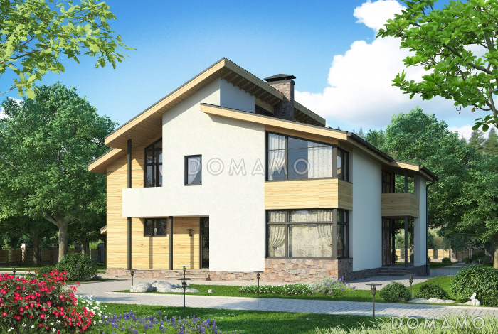 Проект дома со спальней на первом этаже, ванной с окном, вторым светом в гостиной, двумя балконами