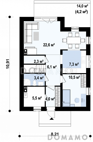 Проект компактного одноэтажного мансардного дома из кирпича с тремя спальнями и кабинетом / План 1 этажа