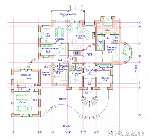 Проект просторного коттеджа с гаражом и хоз блоком / План 1 этажа