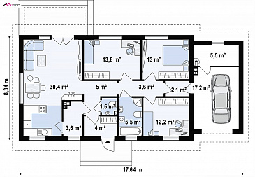 Проект классического одноэтажного дома из кирпича с тремя спальнями, светлой гостиной и гаражом / План 1 этажа