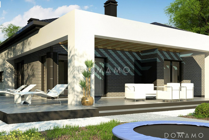 Проект комфортного одноэтажного дома из кирпича с тремя спальнями, кабинетом и гаражом