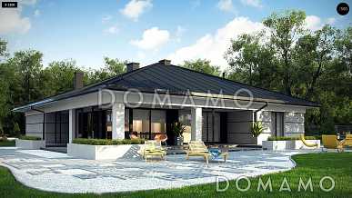 Проект одноэтажного дома с подвалом, гаражом на две машины, панорамным остеклением  гостиной