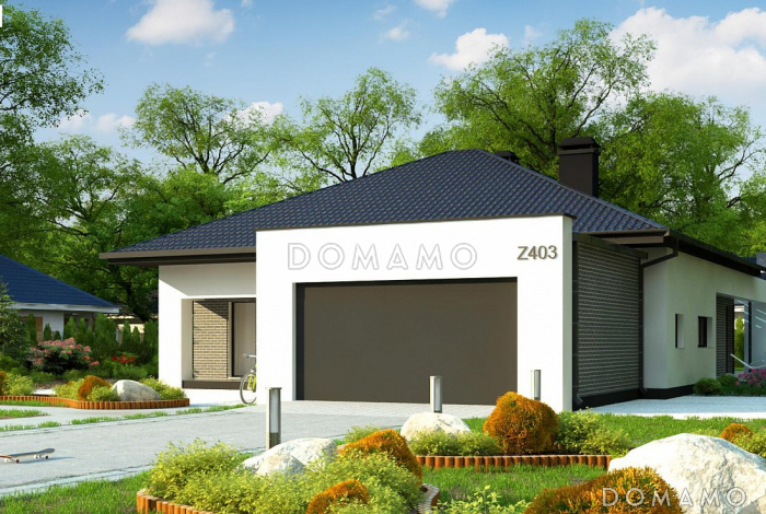 Проект комфортного одноэтажного дома из кирпича с тремя спальнями, кабинетом и гаражом