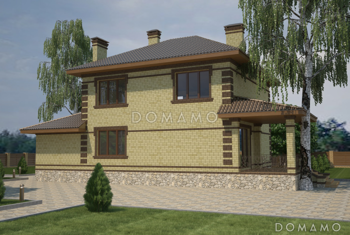 Проект двухэтажного дома с пристроенным гаражом, террасой и крыльцом