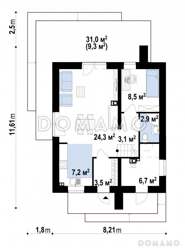 Проект дома с небольшой комнатой на первом этаже, кухней с окном, террасой, балконами / План 1 этажа