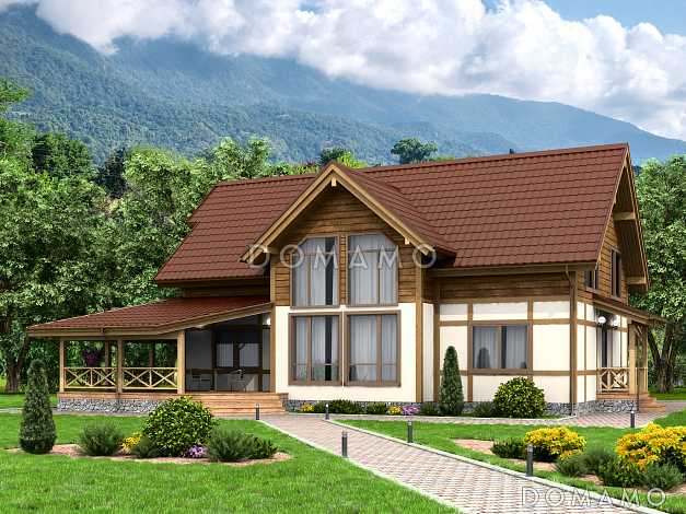 Проект каркасного дома с огромной крытой террасой