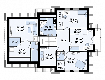 Проект просторного комфортного мансардного дома из кирпича с необычной планировкой и гаражом / План мансардного этажа