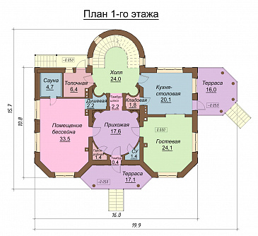 Проект  двухэтажного коттеджа с мансардой, бассейном и кинотеатром / План 1 этажа