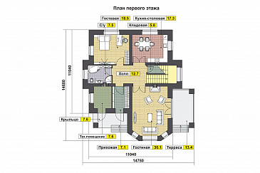 Проект дома с эркером, вторым светом, гостевой, крытой террасой / План 1 этажа