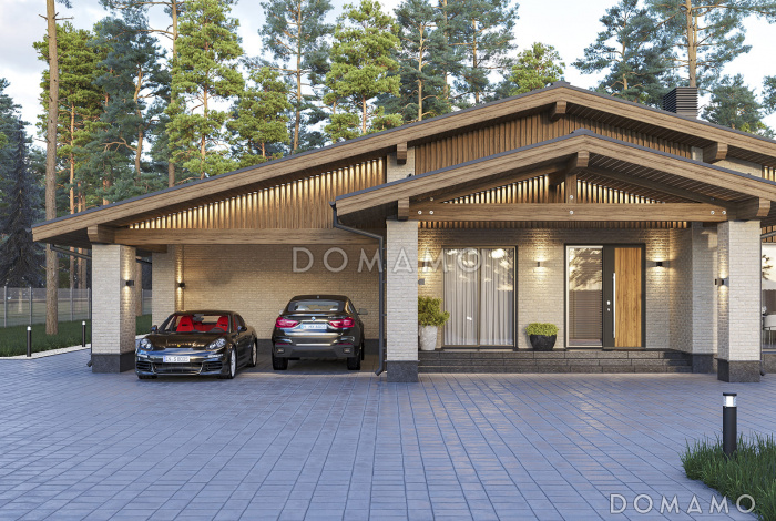 Проект дома по каркасной технологии с четырьмя спальнями, теплой зоной барбекю и навесом для двух автомобилей