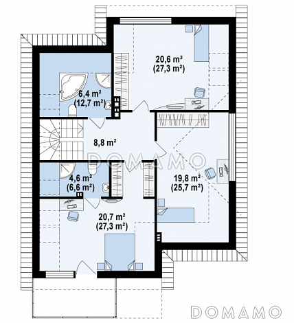 Проект одноэтажного мансардного дома из газобетона с гаражом и тремя спальнями и балконом / План мансардного этажа