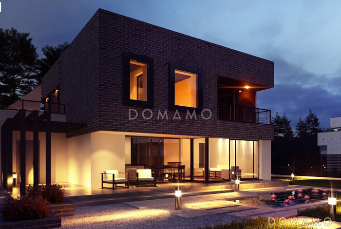 Проект современного двухэтажного дома из газобетона с плоской крышей,  с четырьмя спальнями, кабинетом и гаражом 