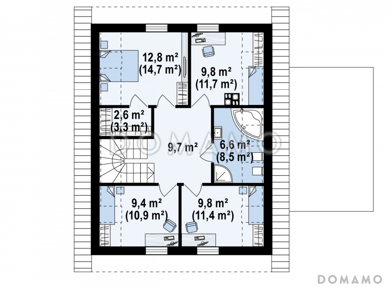 Проект комфортного одноэтажного мансардного дома из кирпича с изолированной кухней, большим гаражом и четырьмя спальнями / План мансардного этажа