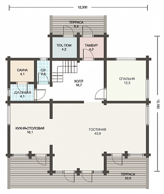 Проект дома из клееного бруса с большой верандой перед домом / План 1 этажа