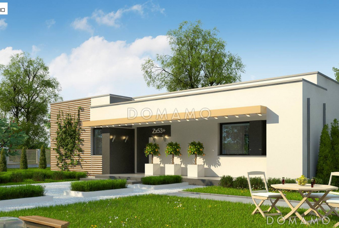 Проект стильного одноэтажного дома с плоской крышей, террасой,  тремя спальнями