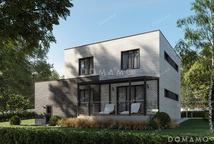 Проект двухэтажного дома с большой террасой, гаражом и подвалом