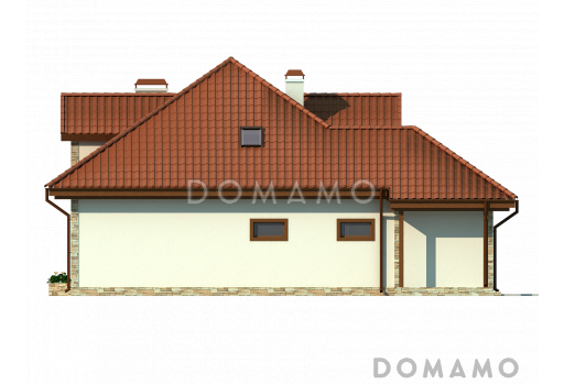 Проект просторного одноэтажного мансардного дома из газобетона с кабинетом, эркером и гаражом / Фасад 4