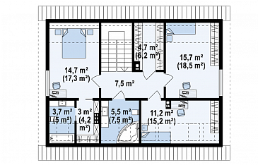 Проект одноэтажного мансардного дома из газобетона с четырьмя спальнями и панорамным остеклением гостиной / План мансардного этажа