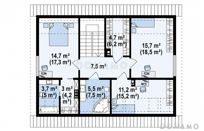 Проект одноэтажного мансардного дома из газобетона с четырьмя спальнями и панорамным остеклением гостиной / План мансардного этажа