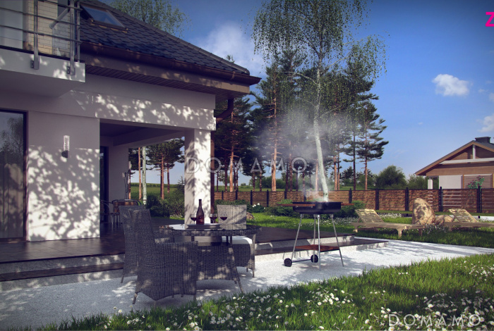 Проект одноэтажного мансардного дома из кирпича с кабинетом, гаражом и тремя балконами