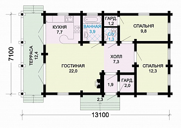 Проект одноэтажного деревянного дома  из оцилиндрованного бревна / План 1 этажа