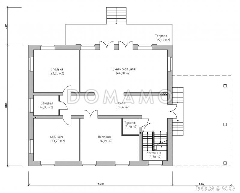 Проект большого современного дома с цокольным этажом и навесом для двух автомобилей / План 1 этажа