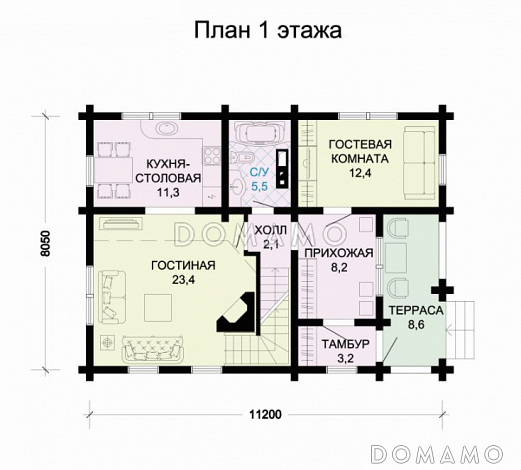 Проект дома из бревна с цокольным этажом / План 1 этажа