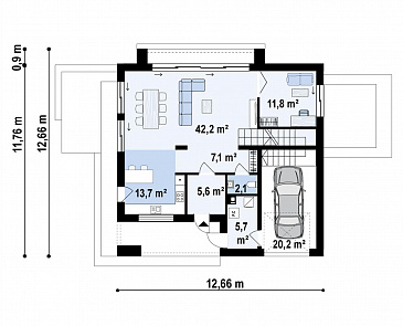 Проект дома с мансардным этажом, гаражом, кабинетом и просторной гостиной / План 1 этажа