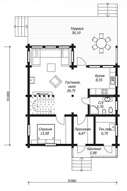 Проект дома из клееного бруса с тремя светлыми спальнями на втором этаже / План 1 этажа