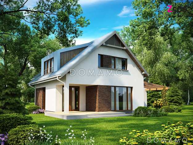 Проект современного одноэтажного мансардного дома из кирпича с тремя комнатами, угловой террасой и гаражом