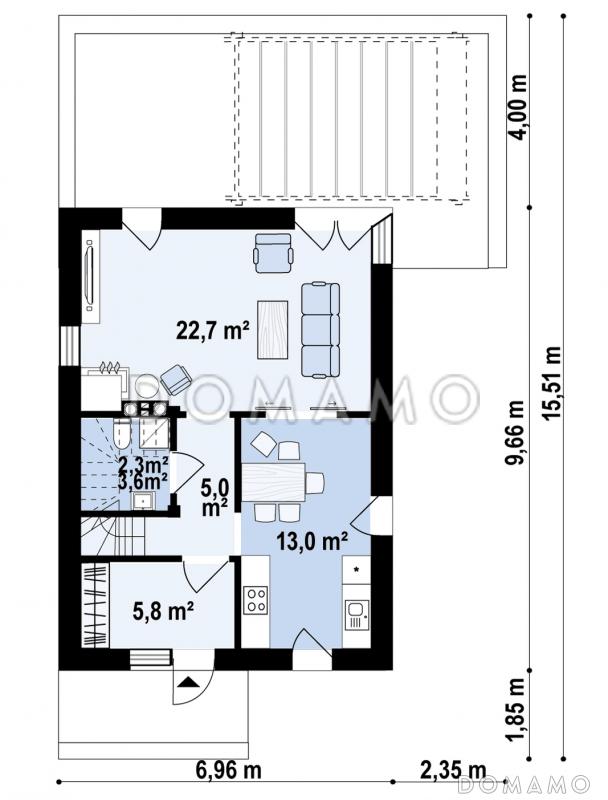 Проект двухэтажного дома с террасой, кухней-столовой, тремя спальнями / План 1 этажа