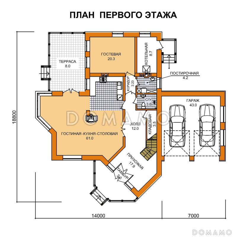 Проект дома из пеноблоков с сауной, гаражом на две машины / План 1 этажа