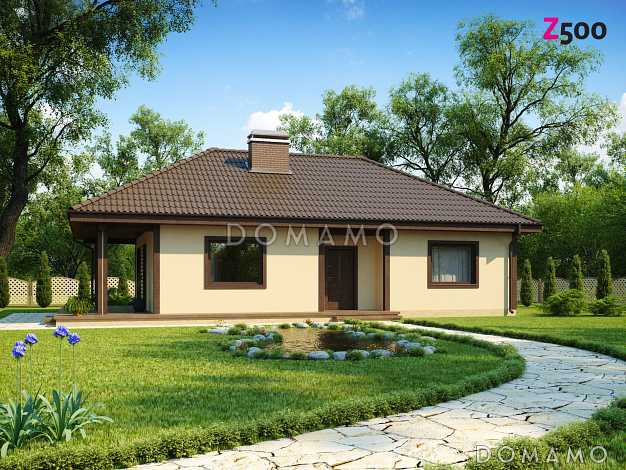 Проект компактного одноэтажного дома из кирпича с двумя спальнями и боковой террасой