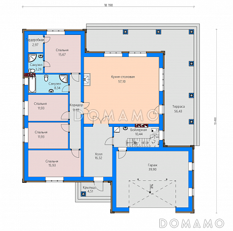 Проект одноэтажного дома с террасой и гаражом, просторной кухней-столовой, хозяйской спальней  / План 1 этажа