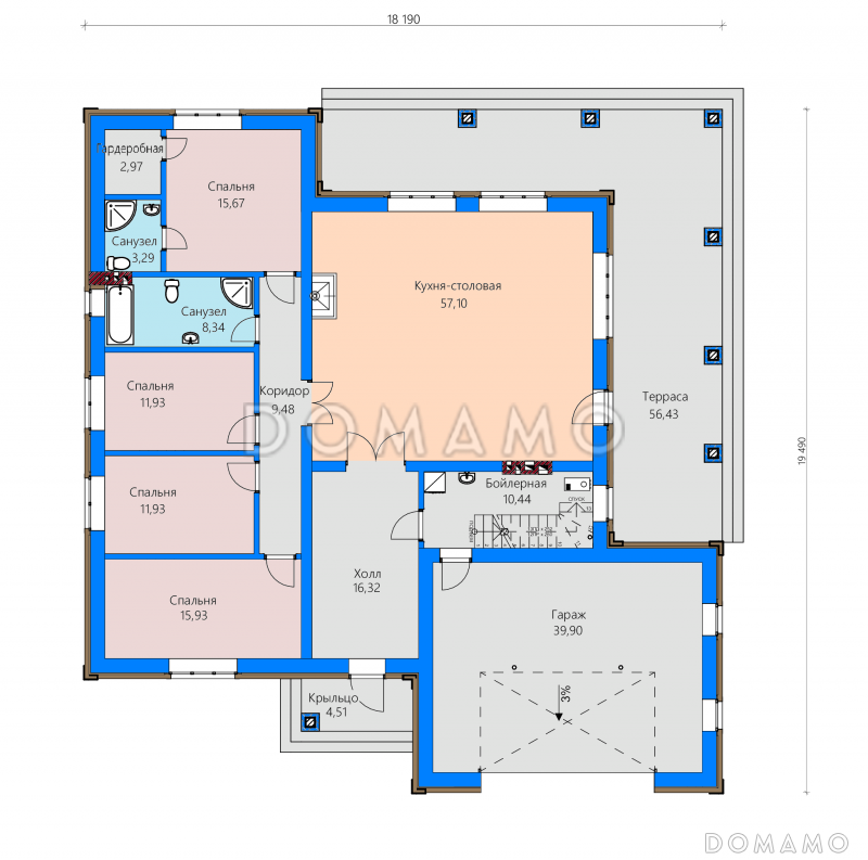 Проект одноэтажного дома с террасой и гаражом, просторной кухней-столовой, хозяйской спальней  / План 1 этажа